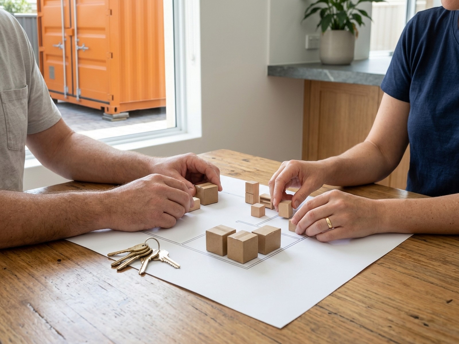 Couple arranging small model boxes on a paper floor plan at a kitchen table, house keys beside them