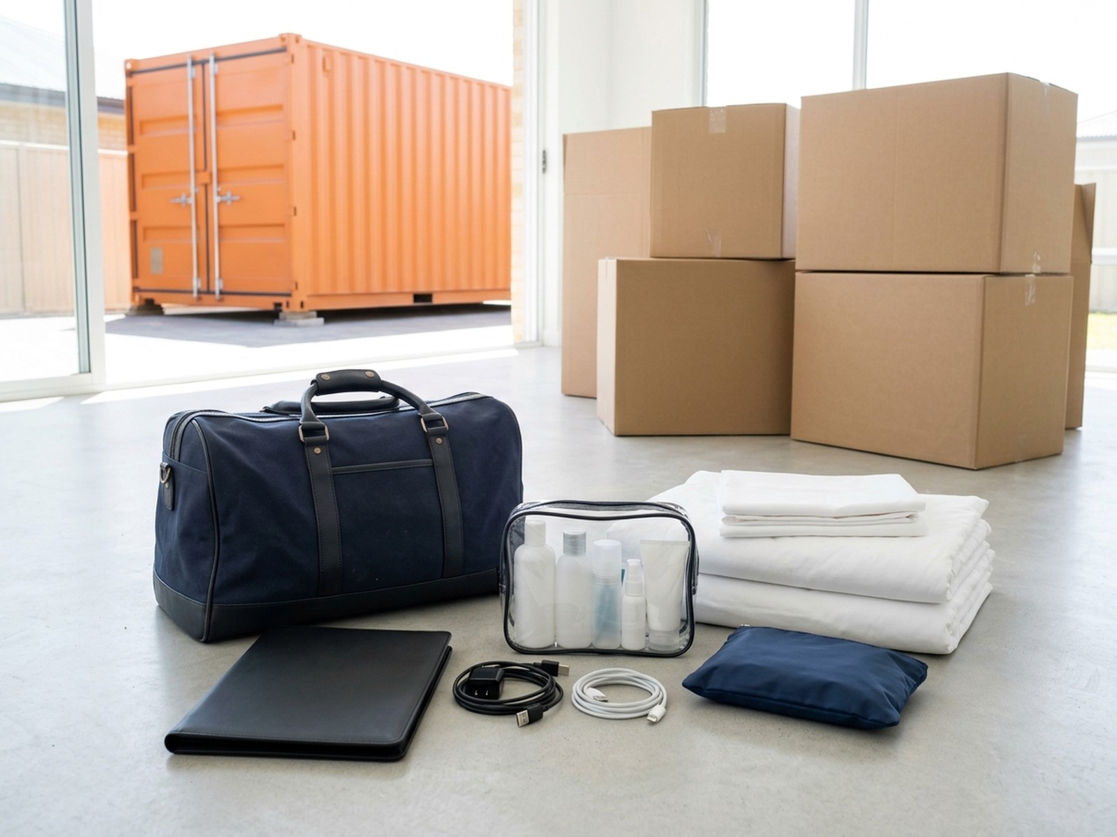 Overnight bag, toiletries, chargers, a document folder and folded bedding kept apart from stacked moving cartons