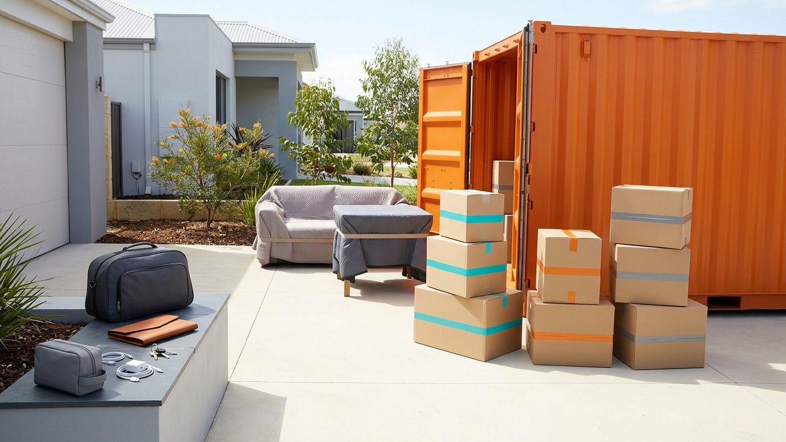 Colour-taped cartons and blanket-wrapped furniture beside an open orange storage module, with an overnight bag, keys and chargers set apart