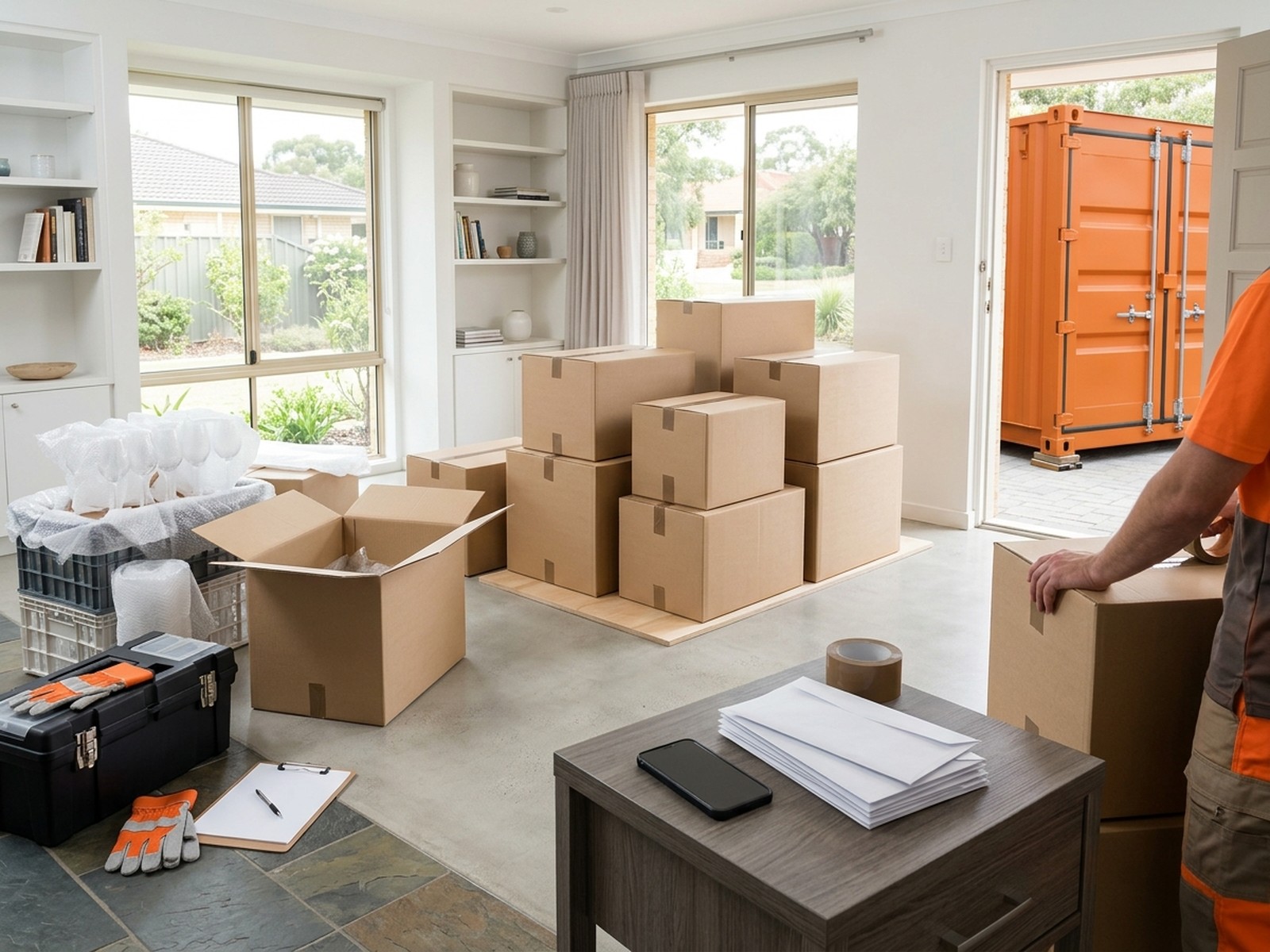 Living room mid-pack with sealed cartons on a pallet, wrapped glassware, a toolbox and a mover taping a box